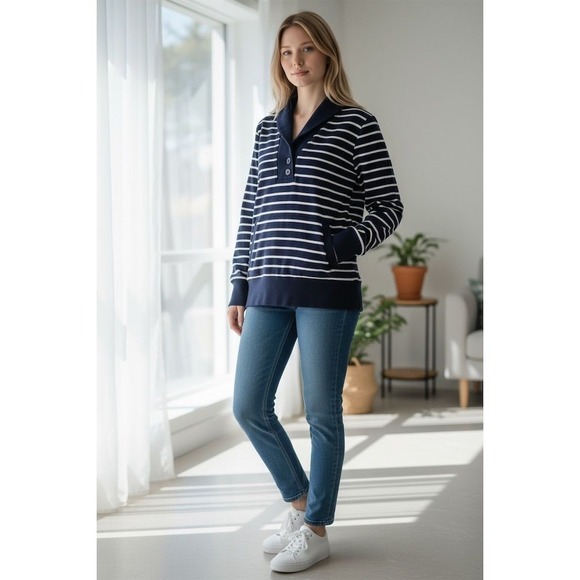 Banana Republic Sweaters - Banana Republic Women's Striped Shawl Collar Pullover Sweater M Blue preppy